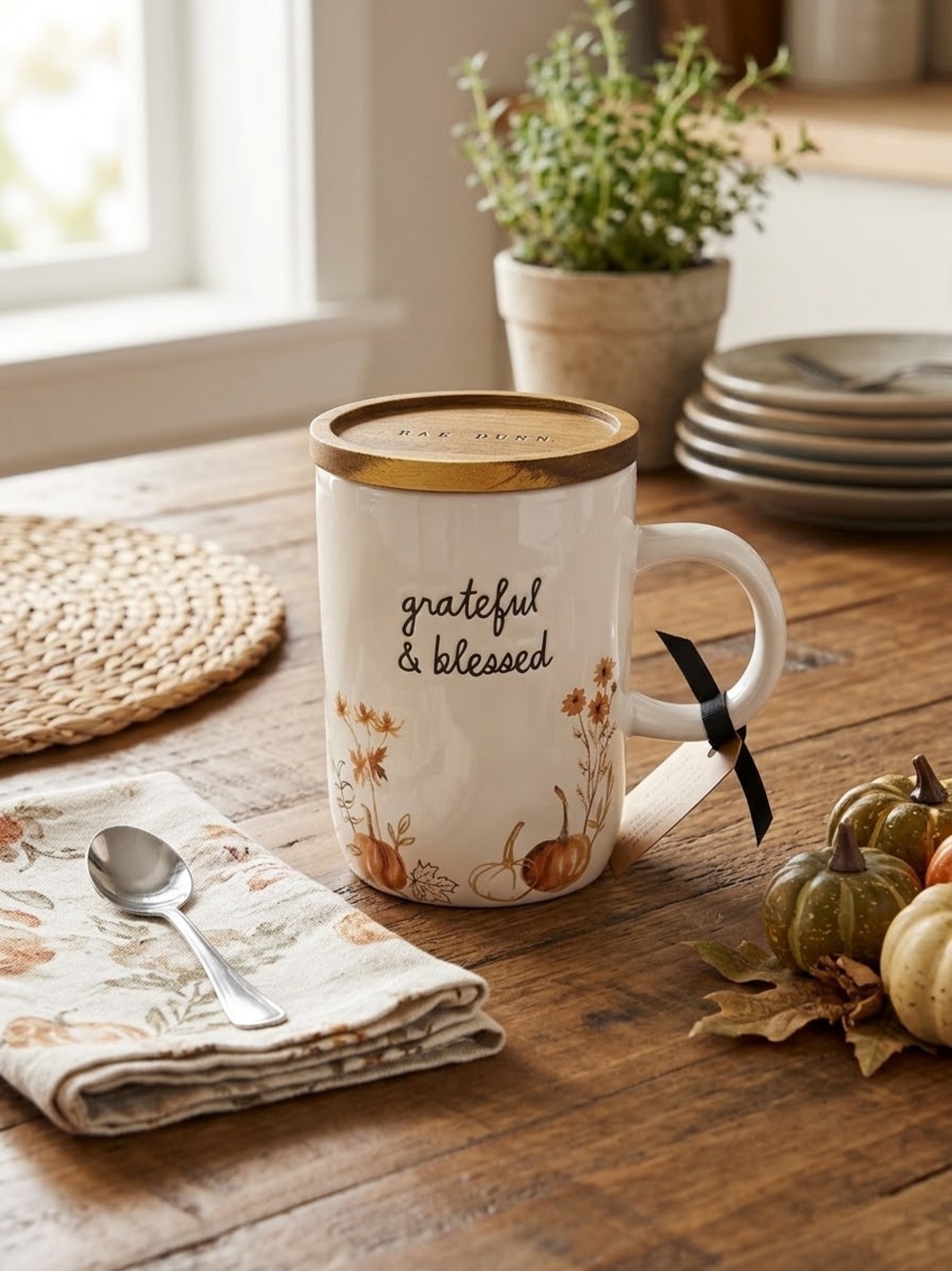 Rae Dunn White Ceramic Mug with Wood Lid - "grateful & blessed"